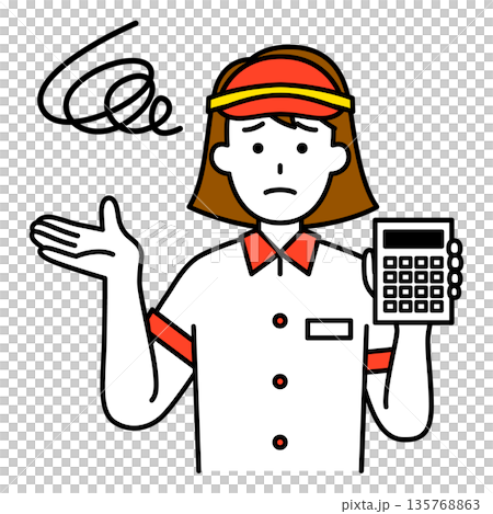 一位不滿的速食店女員工拿著計算器 135768863