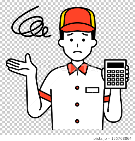 A dissatisfied male fast food restaurant employee holding a calculator A dissatisfied male fast food restaurant employee holding a calculator 135768864