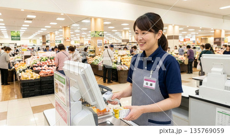 大型スーパーのレジで笑顔で接客する制服姿の30代日本人女性店員 135769059