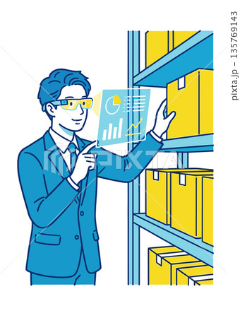 スマートグラスで作業手順を確認しながら倉庫業務を行う男性のイラスト 135769143