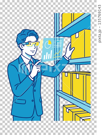スマートグラスで作業手順を確認しながら倉庫業務を行う男性のイラスト 135769143
