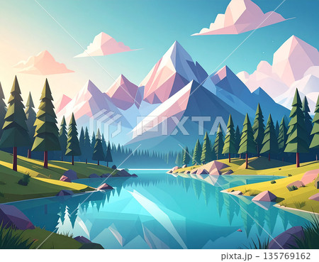 パステル調ローポリ山岳と湖の静かな風景アート 135769162
