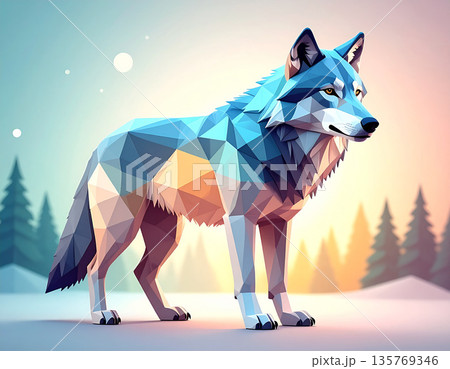 氷原に佇むローポリ・ウルフ 135769346