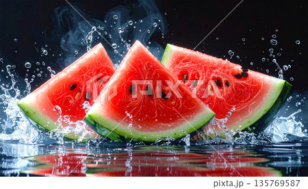 Watermelon Slices Splashing Water Watermelon Slices Splashing Water 135769587