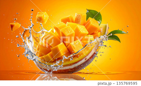 Mango Splash on Orange Background Mango Splash on Orange Background 135769595