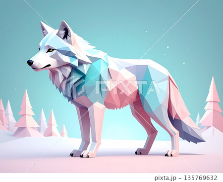 氷原に佇むローポリ・ウルフ 135769632