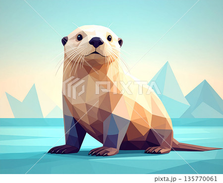 パステルカラーで描かれた幾何学的ローポリラッコの癒しアート 135770061