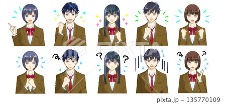 表情アイコンセット、高校生または中学生の男女のアニメ風イラスト、白バック 135770109