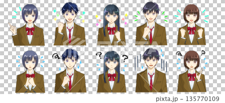 臉部表情圖示集，動漫風格高中或國中學生插圖，白色背景 135770109