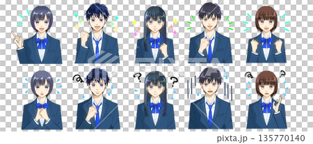 表情アイコンセット、高校生または中学生の男女のアニメ風イラスト、白バック 135770140
