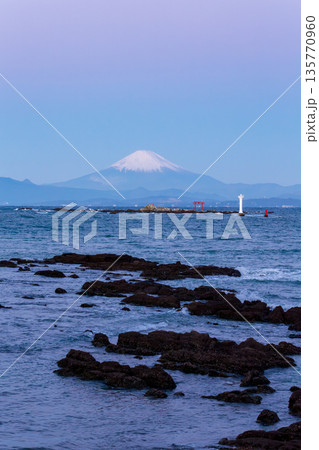 冬の葉山町真瀬海岸から夜明けの地球影とビーナスベルトでピンクに染まる富士山 135770960