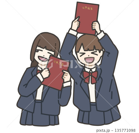 赤い卒業証書を持って楽しそうにポーズをとる2人の女子高生(紺色の制服) 赤い卒業証書を持って楽しそうにポーズをとる2人の女子高生(紺色の制服) 135771098