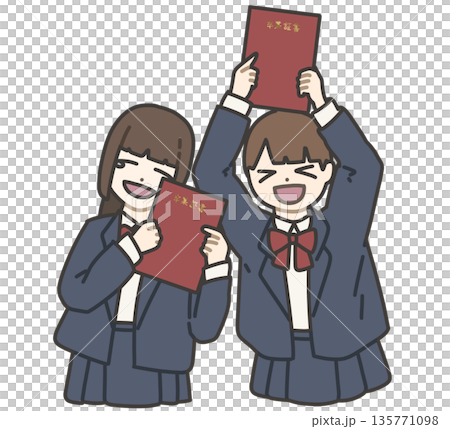 赤い卒業証書を持って楽しそうにポーズをとる2人の女子高生(紺色の制服) 赤い卒業証書を持って楽しそうにポーズをとる2人の女子高生(紺色の制服) 135771098