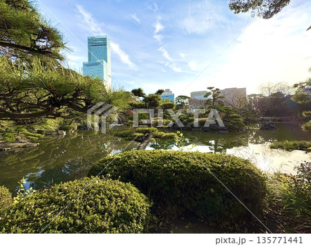 池と湖面に映るあべのハルカス 135771441