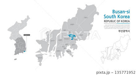 A map of Busan showing administrative districts with black lines on a white background A map of Busan showing administrative districts with black lines on a white background 135771952