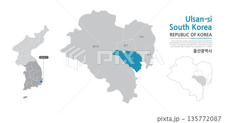 A map of Ulsan, South Korea, which marks administrative districts with black lines on a white background 135772087
