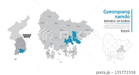 South Gyeongsang Province map showing administrative districts with black lines on a white background 135772338