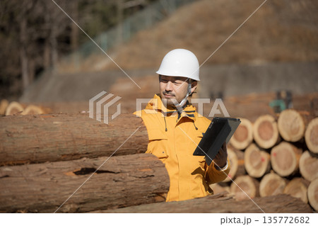 林業など第一次産業で働くヘルメットを被ったタブレットを持つ髭の中年男性の開発の確認や点検 135772682