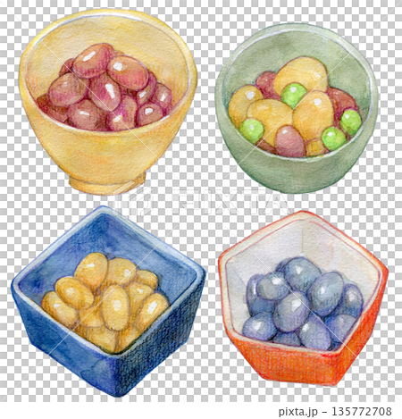 Watercolor illustration: Set of small bowls of boiled beans 135772708