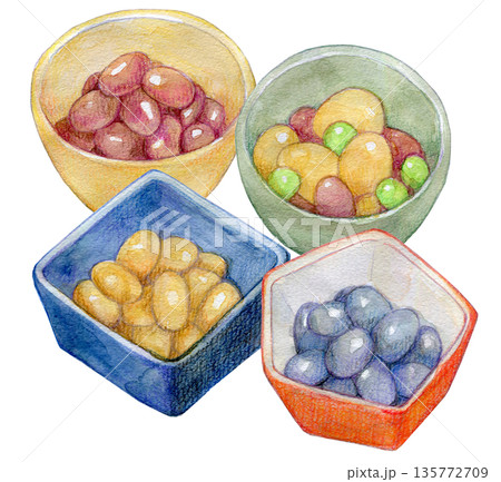 水彩イラスト 煮豆の小鉢のセット 水彩イラスト 煮豆の小鉢のセット 135772709