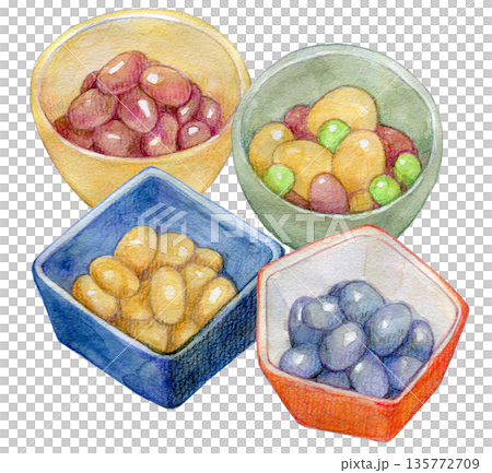水彩イラスト 煮豆の小鉢のセット 水彩イラスト 煮豆の小鉢のセット 135772709