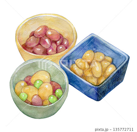 水彩イラスト 煮豆の小鉢のセット 水彩イラスト 煮豆の小鉢のセット 135772711