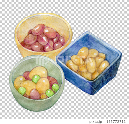 水彩イラスト 煮豆の小鉢のセット 水彩イラスト 煮豆の小鉢のセット 135772711