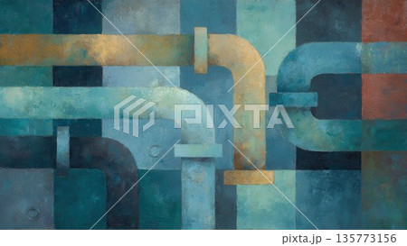 幾何学的なパイプ構成のインダストリアル抽象アート 135773156