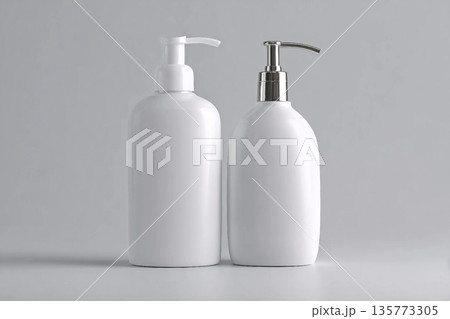 White cosmetic shampoo and lotion dispenser bottle mock-up on grey background White cosmetic shampoo and lotion dispenser bottle mock-up on grey background 135773305