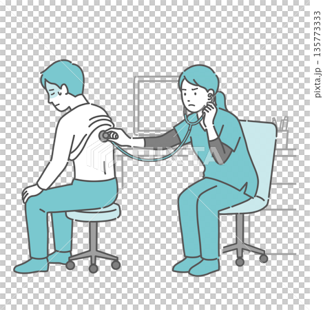 Illustration of a man with a cold sweat receiving a stethoscope on his back and a female medical professional in a scrub with a serious expression 135773333