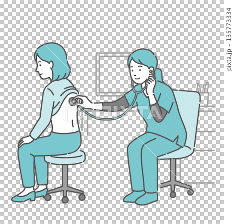 Illustration of a female medical professional (doctor/nurse) wearing a scrub listening to a woman's back Illustration of a female medical professional (doctor/nurse) wearing a scrub listening to a woman's back 135773334