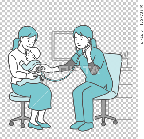 スクラブを着用した女性医療従事者(医師・看護師)による母親に抱かれた赤ちゃんの背中の聴診イラスト スクラブを着用した女性医療従事者(医師・看護師)による母親に抱かれた赤ちゃんの背中の聴診イラスト 135773340