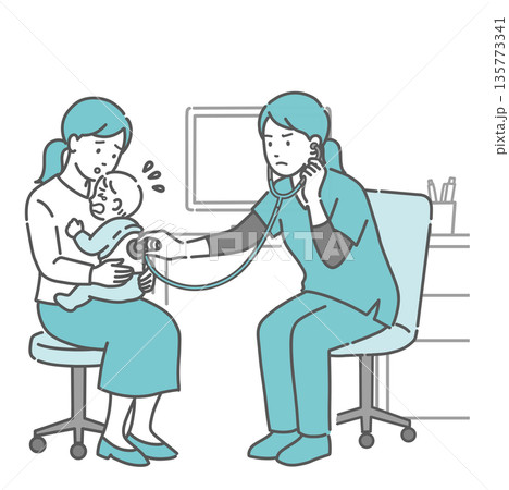 泣いている赤ちゃんの背中を聴診するスクラブ姿の女性医療従事者と心配する母親のイラスト 135773341