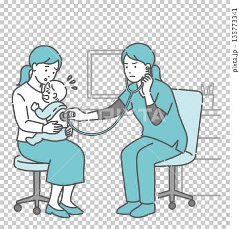 泣いている赤ちゃんの背中を聴診するスクラブ姿の女性医療従事者と心配する母親のイラスト 135773341