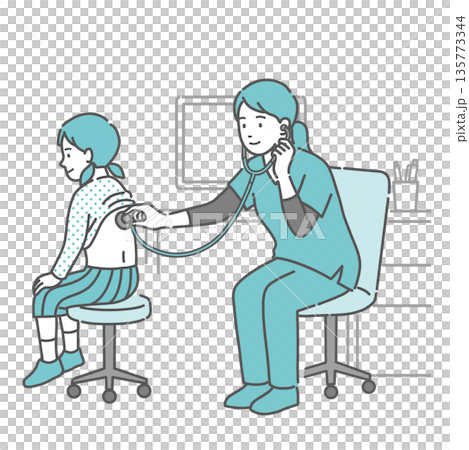 圖:一位身穿手術服的女性醫護人員(醫師/護理師)正在聽診一位女孩的背部。 圖:一位身穿手術服的女性醫護人員(醫師/護理師)正在聽診一位女孩的背部。 135773344