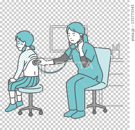 插圖描繪了一個女孩滿頭冷汗,有人正給她背上戴聽診器,旁邊是一位身穿手術服、表情嚴肅的女醫護人員。 插圖描繪了一個女孩滿頭冷汗,有人正給她背上戴聽診器,旁邊是一位身穿手術服、表情嚴肅的女醫護人員。 135773345