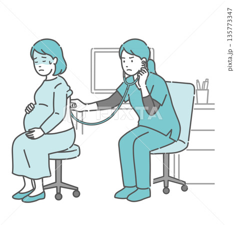 背中の聴診を受ける冷や汗をかいた妊婦と深刻な表情のスクラブ姿の女性医療従事者のイラスト 135773347