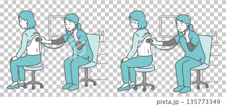 Illustration set of auscultation of a woman's back by a female medical professional wearing a scrub (normal, abnormal, unwell) 135773349