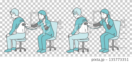 一組插圖，描繪了一位身穿手術服的女醫護人員為一位老年男性進行背部聽診（正常、異常、健康狀況不佳） 135773351