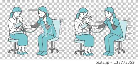 Illustration set of auscultation of a baby's back by a female medical professional wearing a scrub (normal, abnormal, unwell) Illustration set of auscultation of a baby's back by a female medical professional wearing a scrub (normal, abnormal, unwell) 135773352