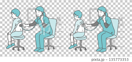 Illustration set of auscultation of a boy's back by a female medical worker wearing a scrub (normal, abnormal, unwell) 135773353