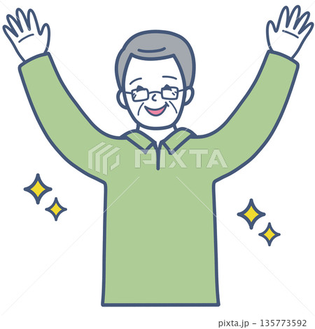 手をあげて喜ぶシニア男性のイラスト素材 135773592