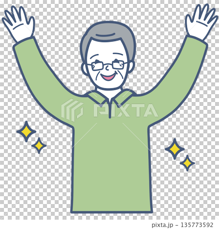 手をあげて喜ぶシニア男性のイラスト素材 135773592