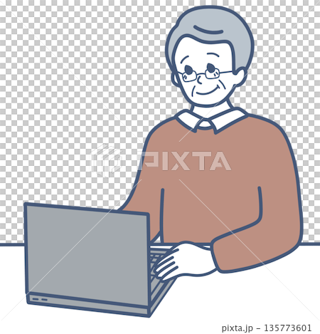 Illustration material of a senior man working on a computer 135773601