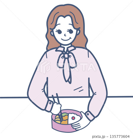 弁当を食べる女性のイラスト素材 弁当を食べる女性のイラスト素材 135773604