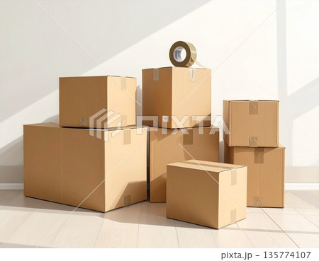 室内の整理整頓や断捨離で不用品を梱包した段ボール箱のイメージ 室内の整理整頓や断捨離で不用品を梱包した段ボール箱のイメージ 135774107