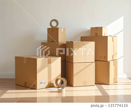 室内の整理整頓や断捨離で不用品を梱包した段ボール箱のイメージ 135774110