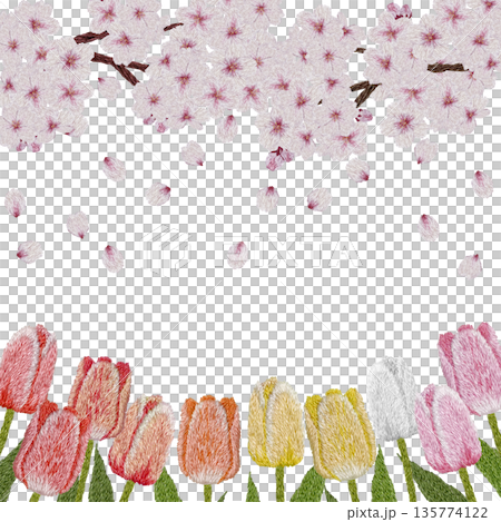 [Cherry Blossom and Colorful Tulip Frame] Hand-embroidered illustration material 135774122
