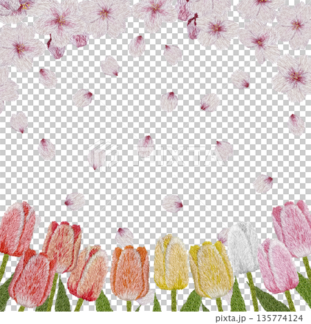 [Cherry Blossom and Colorful Tulip Frame] Hand-embroidered illustration material 135774124