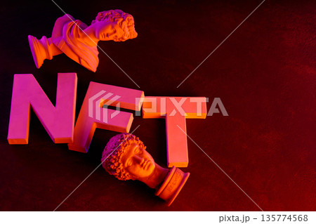 NFT Letters with Classical Sculpture Busts Neon Pink Orange Gradient Dark Background Crypto Art 135774568